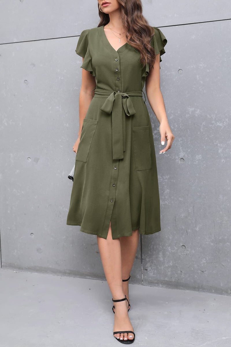 MITILLY Womenâ€™s Boho Flutter Short Sleeve V Neck Button Down A-Line Swing Casual Midi Dress with Pockets Large Army Green - Image 5